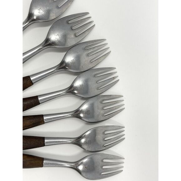 Dansk FJORD Dinner Forks Teak Handle Stainless Steel Germany 7 1/8” Set Of 7 - Picture 8 of 9